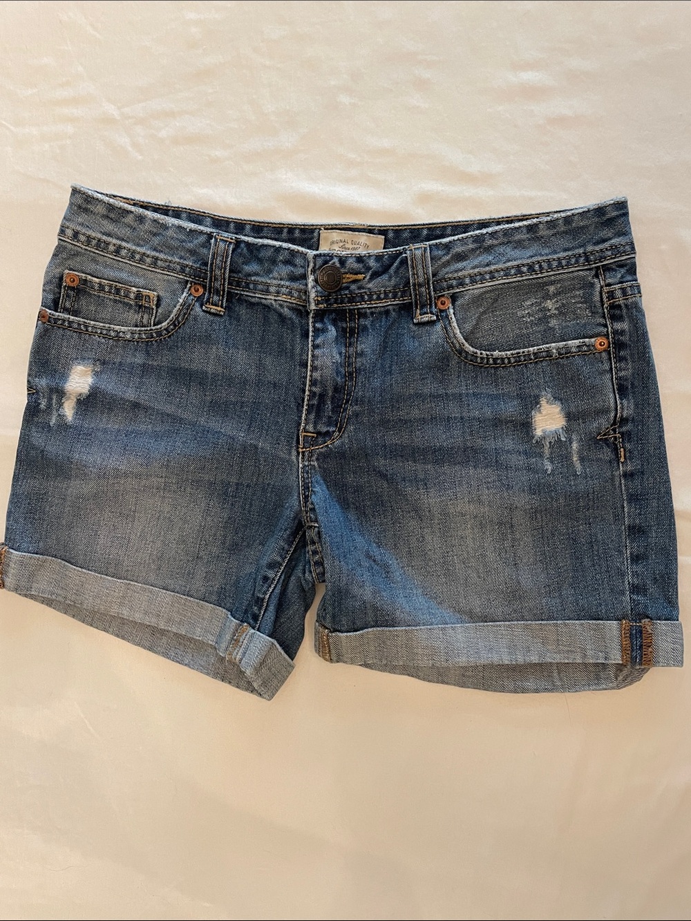 Aeropostale Medium Blue Distressed Rolled Hem Denim Shorts